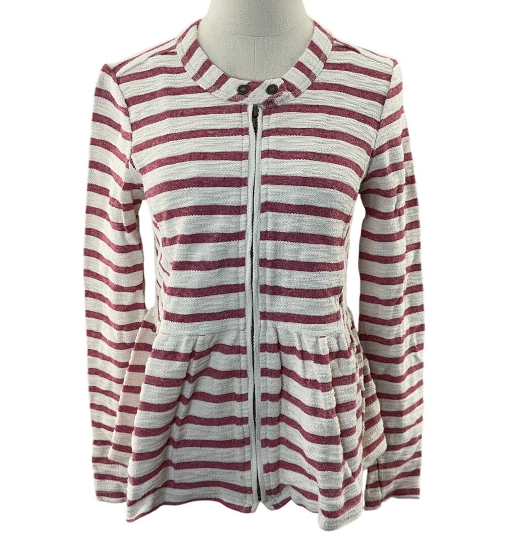 Free People Women’s Small Red White Striped Peplum Zip Up Jacket Top
